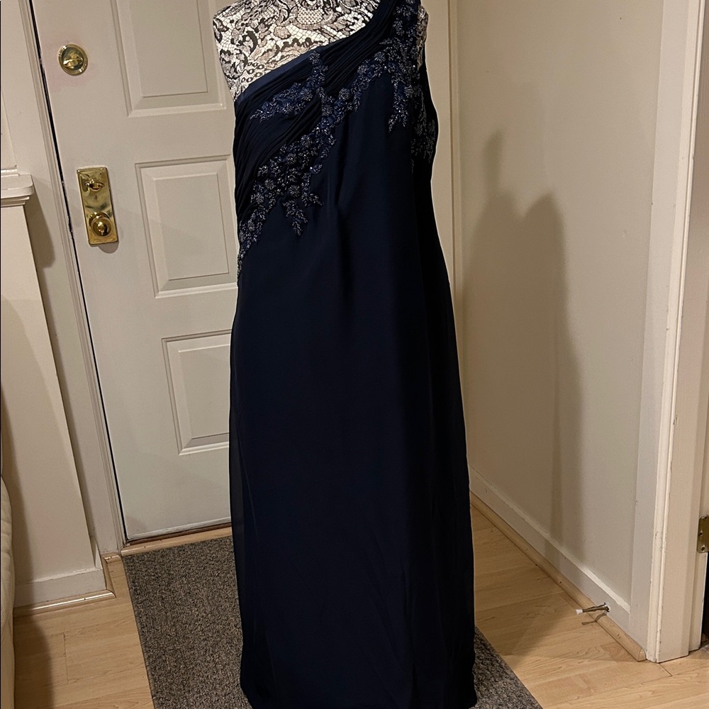 One Shoulder Navy Blue Lace Dress